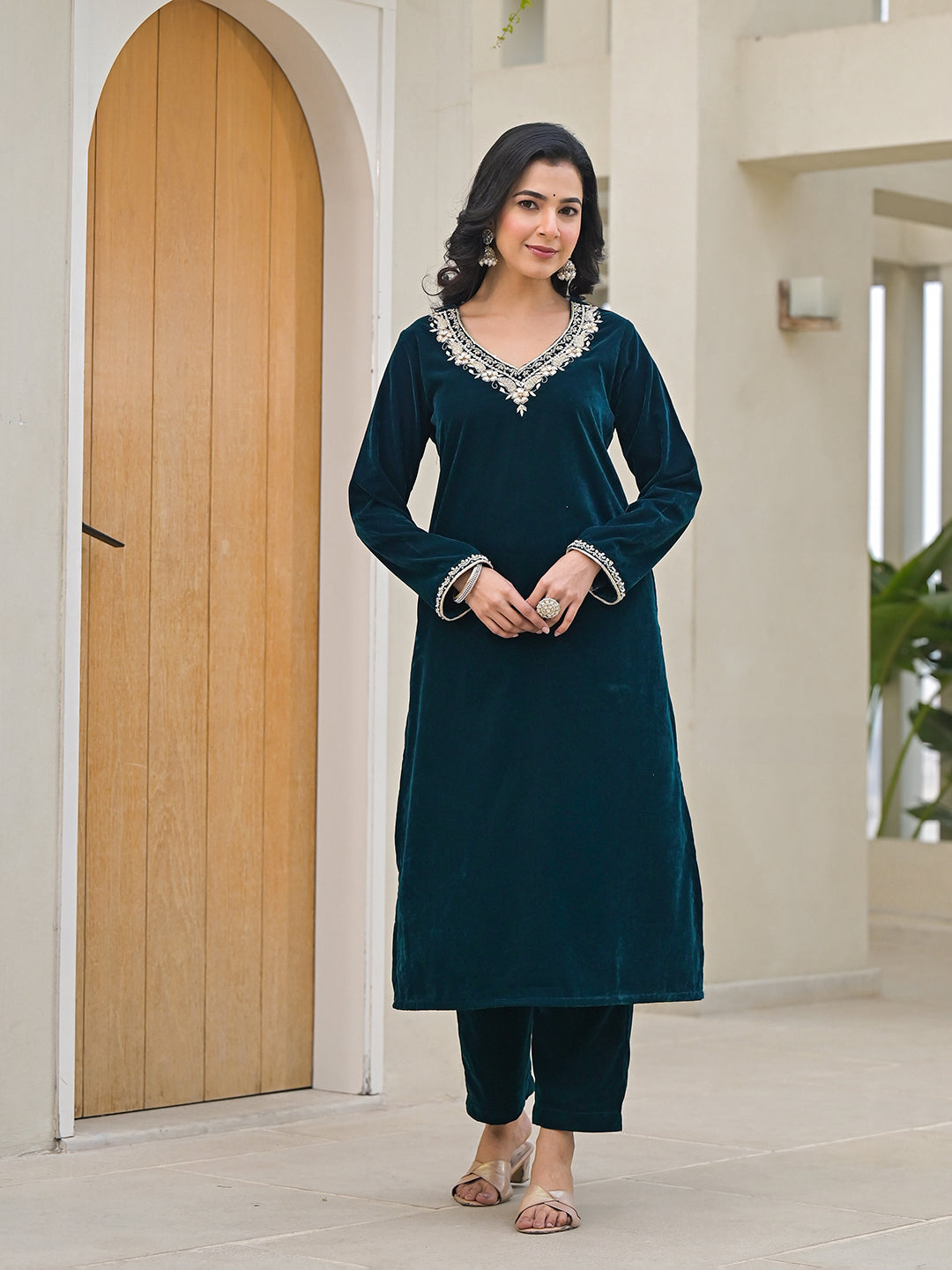 Divena Embroidered Green Velvet Kurta Pant Dupatta Set for Women