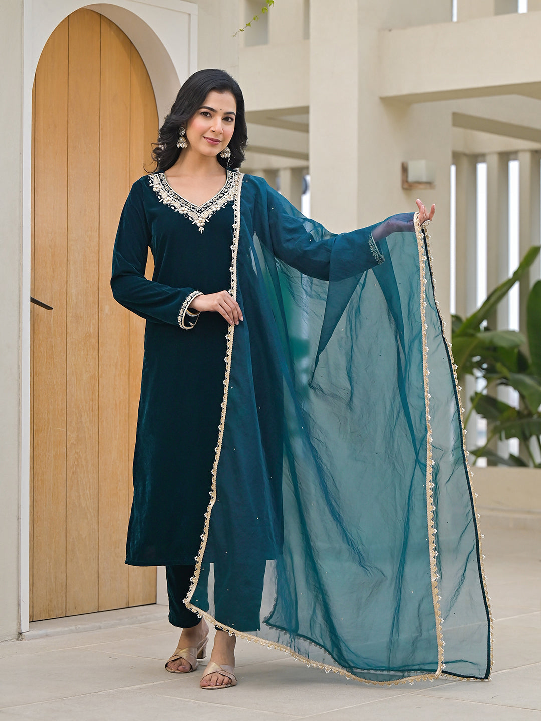 Divena Embroidered Green Velvet Kurta Pant Dupatta Set for Women