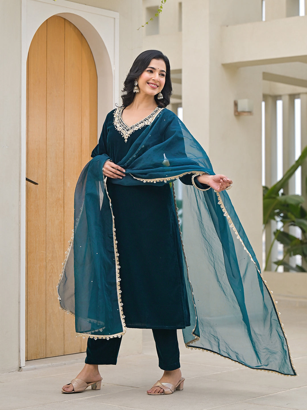 Divena Embroidered Green Velvet Kurta Pant Dupatta Set for Women