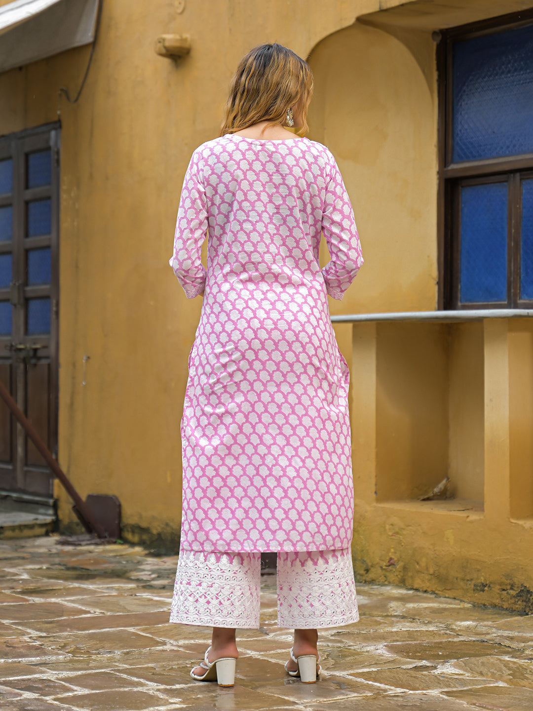 Divena Pink Hand Block Straight Cotton Kurta Pant Set