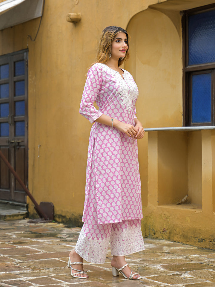 Divena Pink Hand Block Straight Cotton Kurta Pant Set