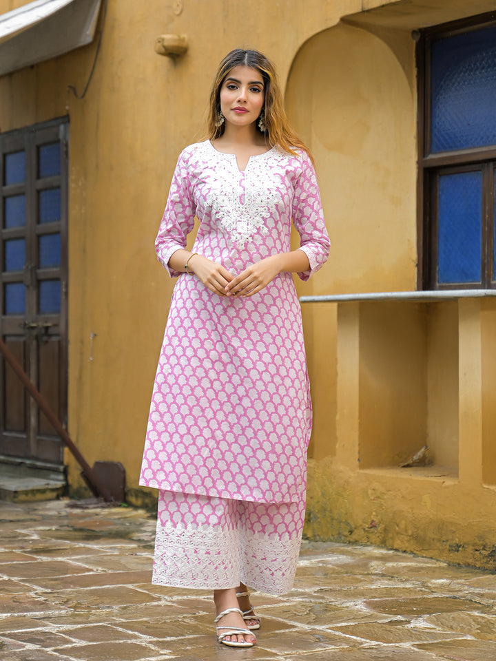 Divena Pink Hand Block Straight Cotton Kurta Pant Set