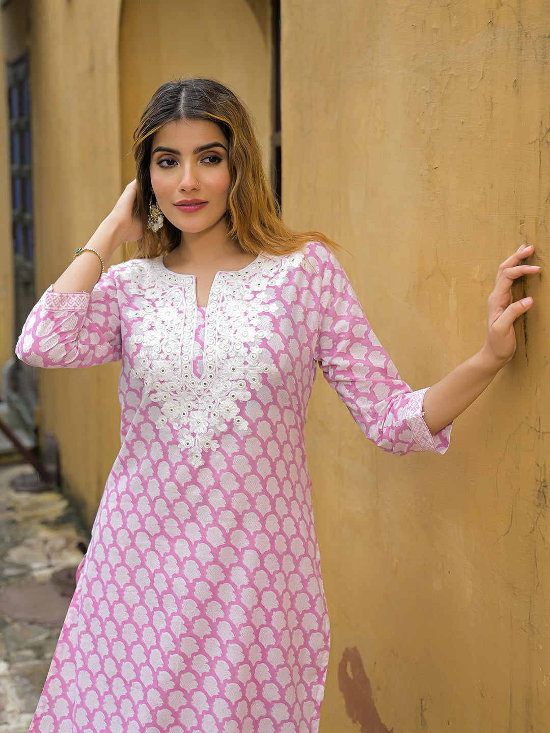 Divena Pink Hand Block Straight Cotton Kurta Pant Set