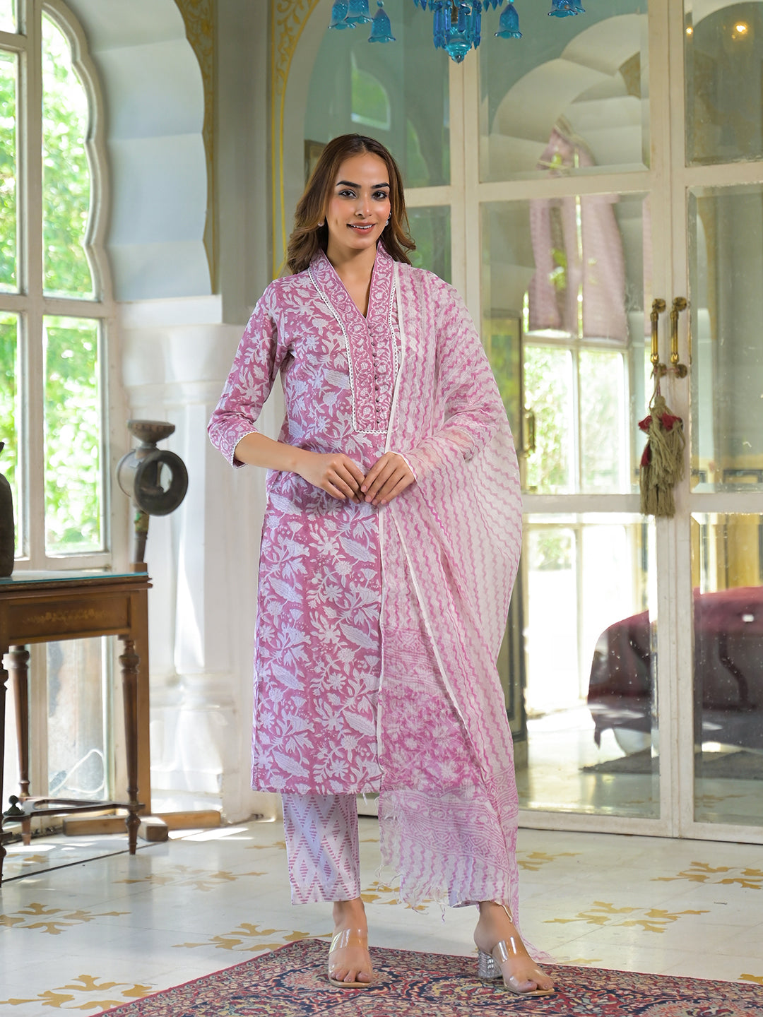 White & Pink Cotton Block Print Kurta Pant with Dupatta — view 1