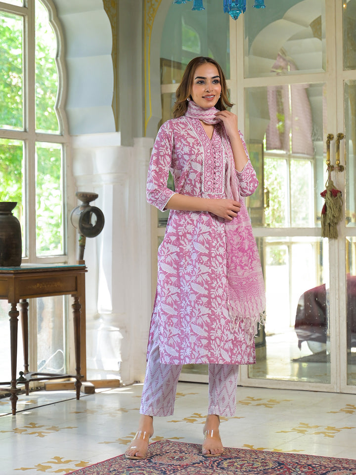 Divena White & Pink Cotton Block Print Kurta Pant with Dupatta