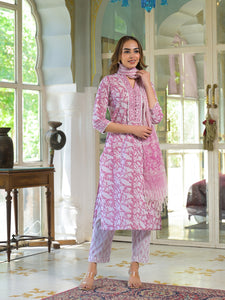 Divena White & Pink Cotton Block Print Kurta Pant with Dupatta
