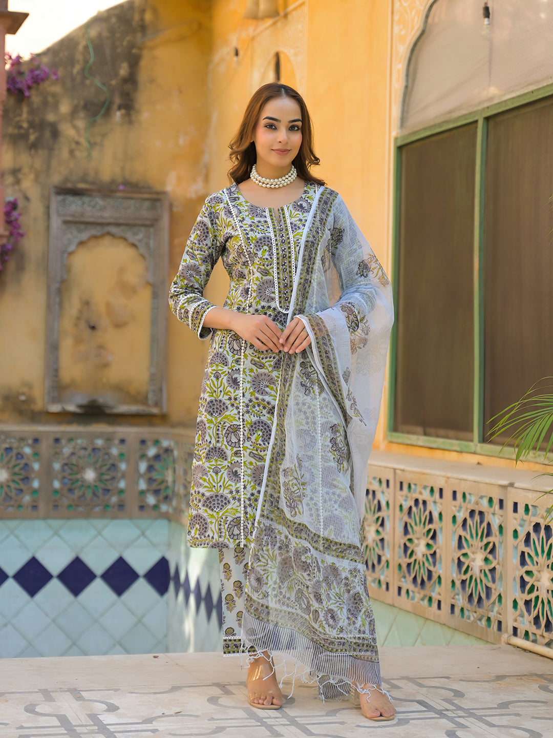 Sea Green Cotton Hand Block Print Kurta Pant with Dupatta — view 1