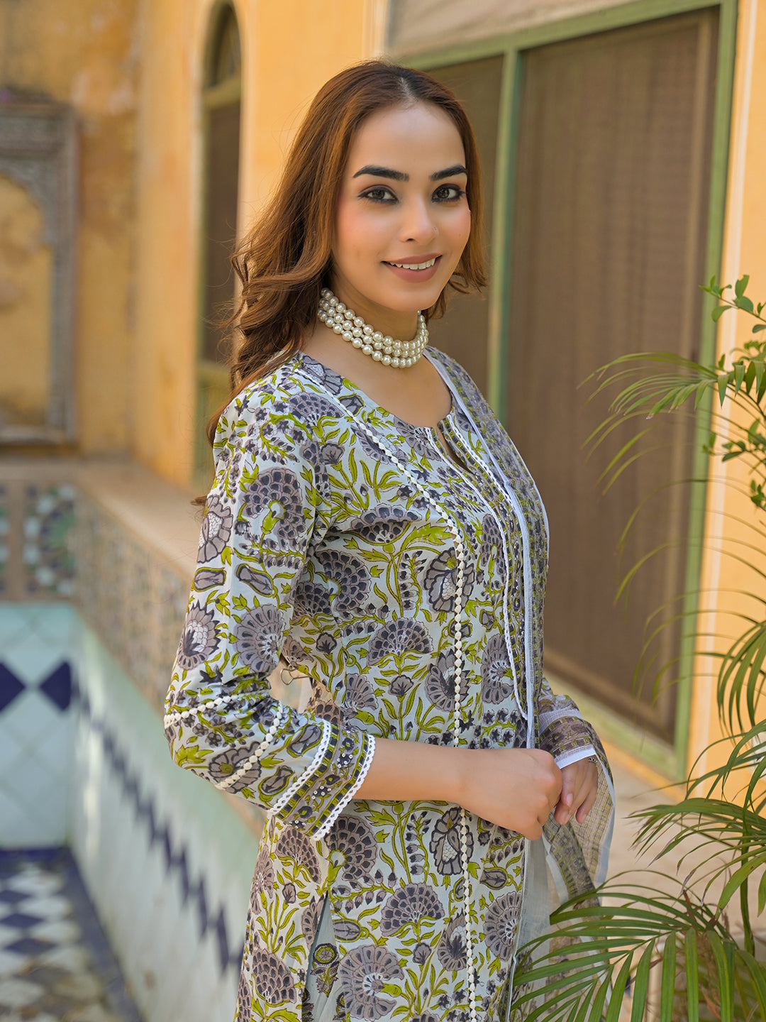 Divena Sea Green Cotton Block Print Kurta Pant with Dupatta