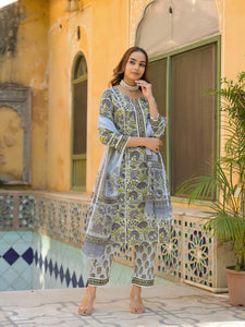 Divena Sea Green Cotton Block Print Kurta Pant with Dupatta