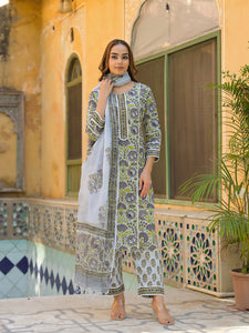 Divena Sea Green Cotton Block Print Kurta Pant with Dupatta