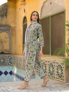 Divena Sea Green Cotton Block Print Kurta Pant with Dupatta