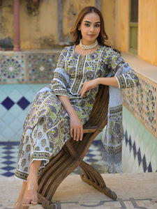Divena Sea Green Cotton Block Print Kurta Pant with Dupatta