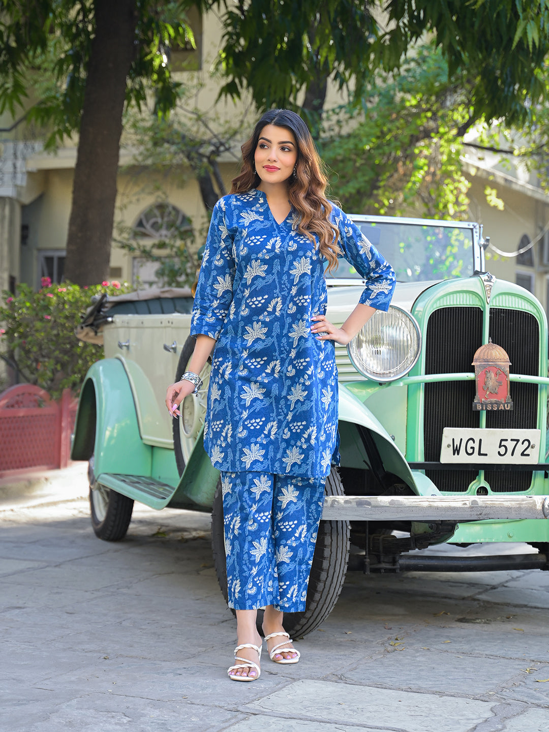 Divena Blue Floral Print Cotton Fabric Kurta with Pant