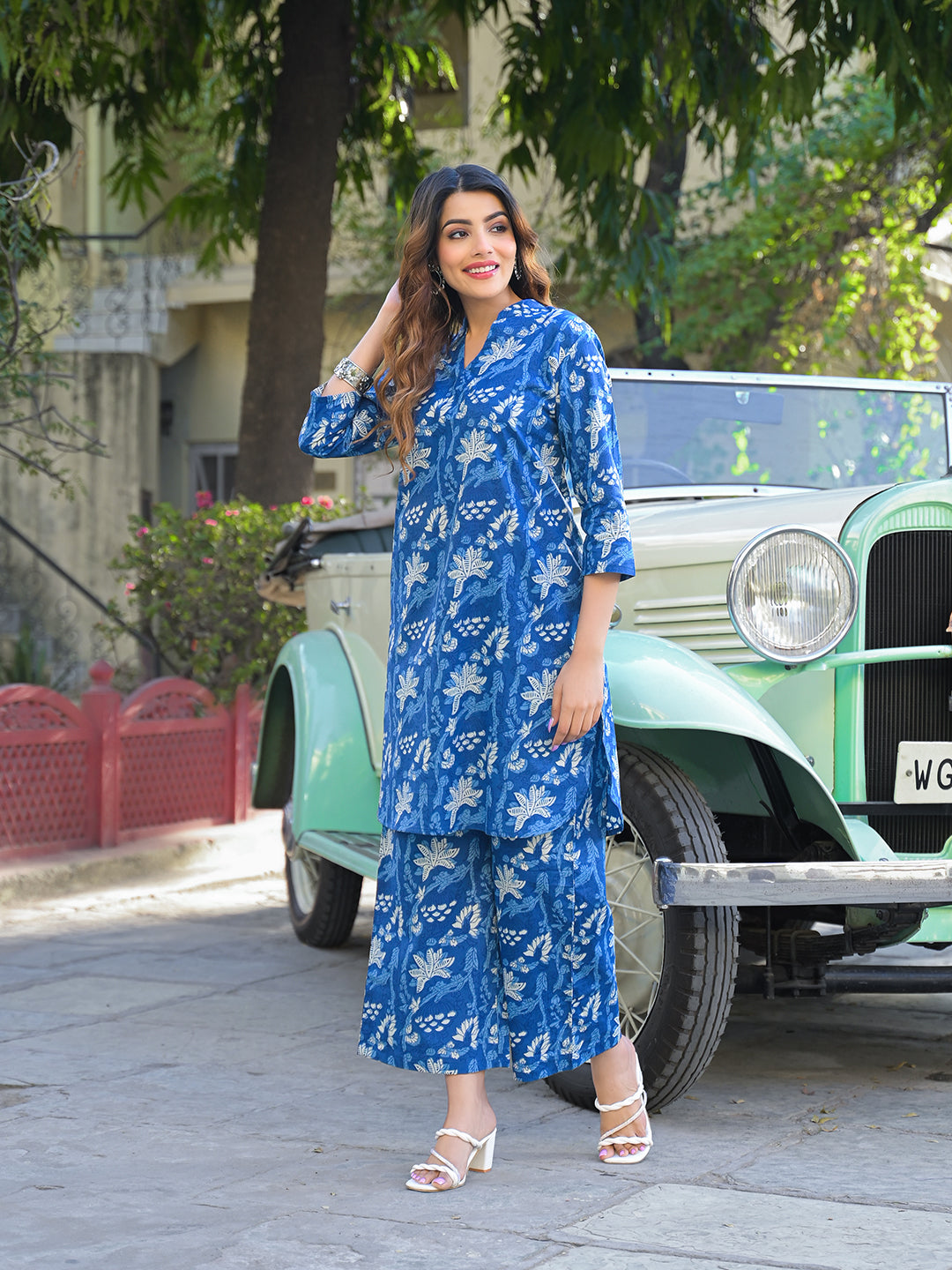 Divena Blue Floral Print Cotton Fabric Kurta with Pant