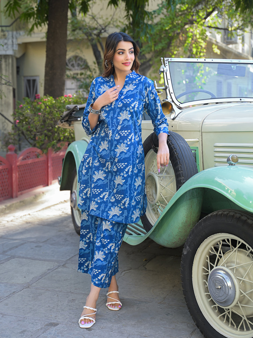 Divena Blue Floral Print Cotton Fabric Kurta with Pant