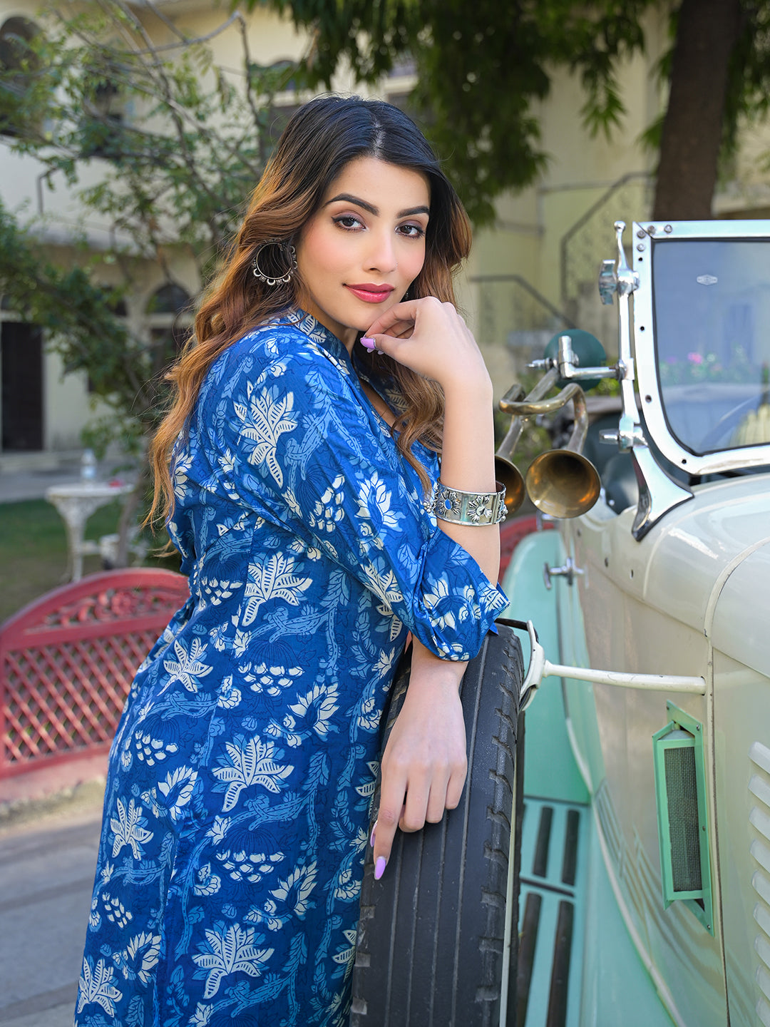 Divena Blue Floral Print Cotton Fabric Kurta with Pant