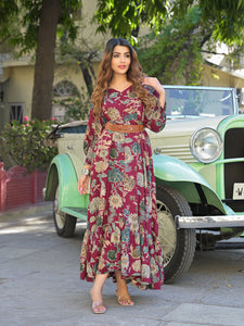 Divena Maroon Floral Print Rayon Fabric Flared Long Dress