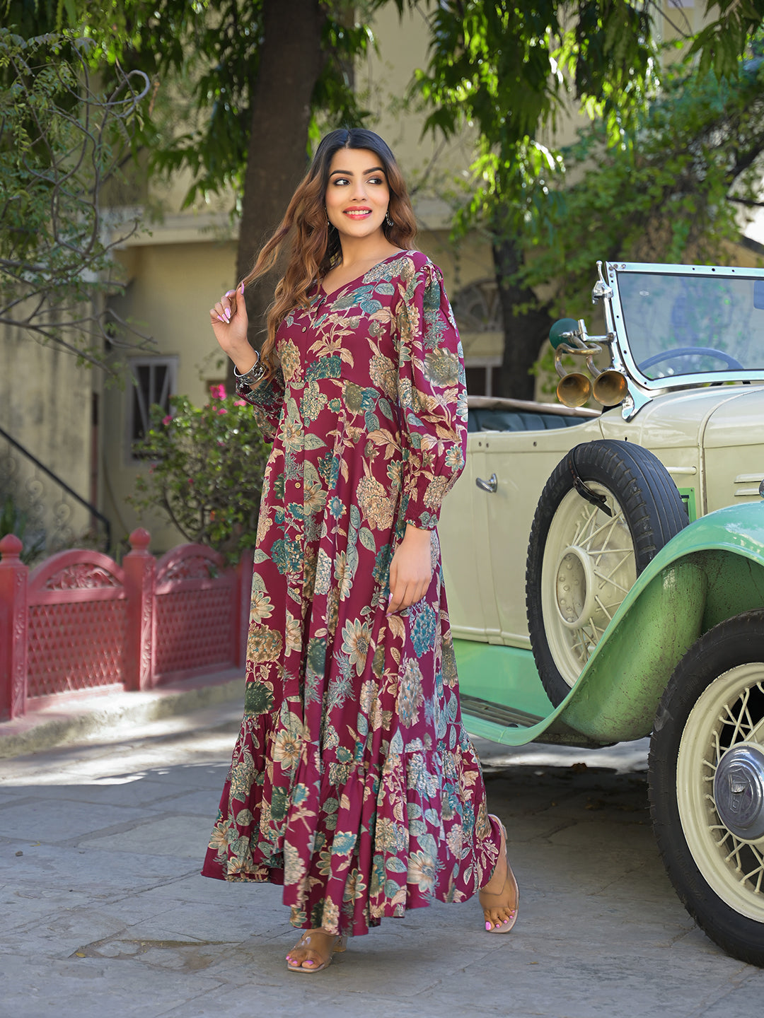 Divena Maroon Floral Print Rayon Fabric Flared Long Dress