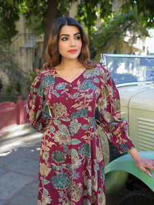 Divena Maroon Floral Print Rayon Fabric Flared Long Dress