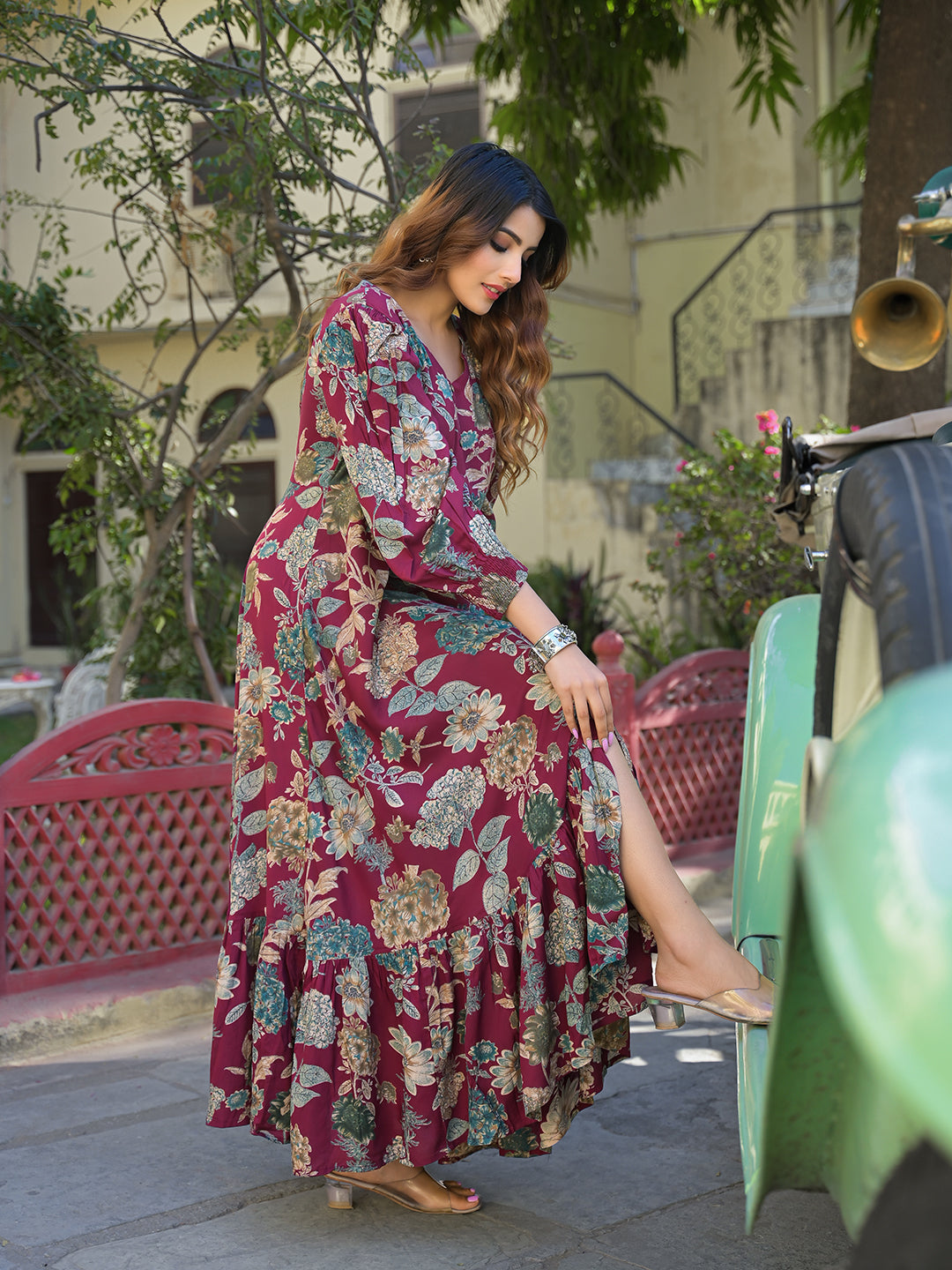 Divena Maroon Floral Print Rayon Fabric Flared Long Dress