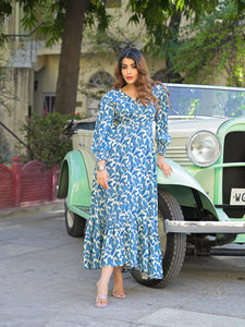 Divena Blue Floral Print Rayon Fabric Flared Long Dress