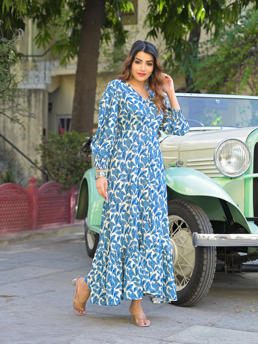 Divena Blue Floral Print Rayon Fabric Flared Long Dress