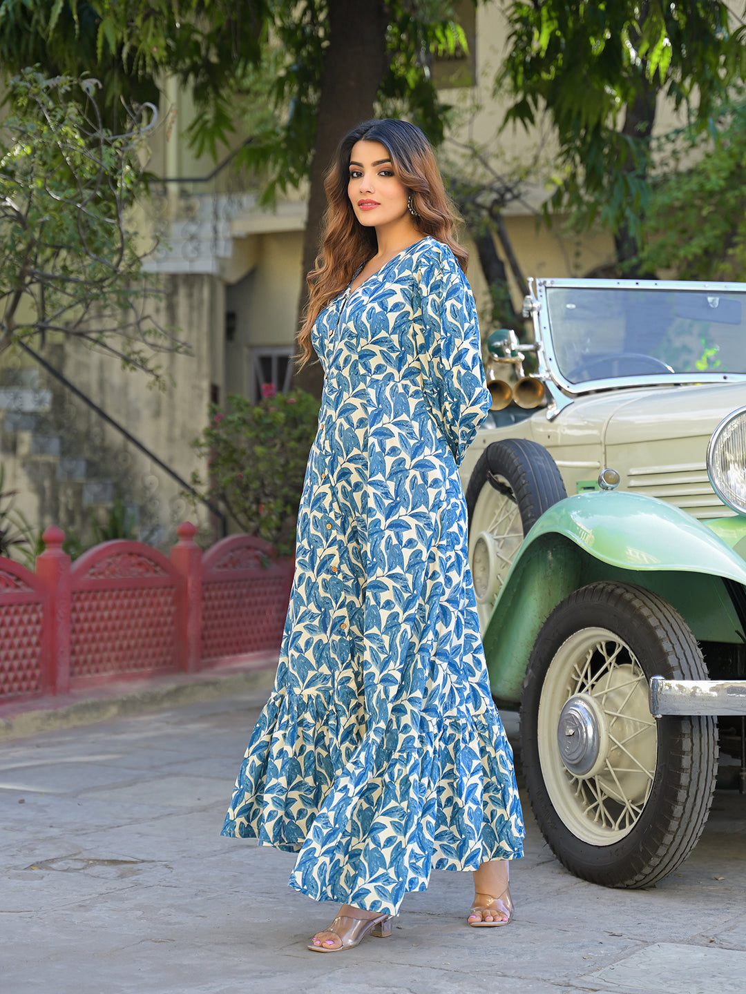 Divena Blue Floral Print Rayon Fabric Flared Long Dress