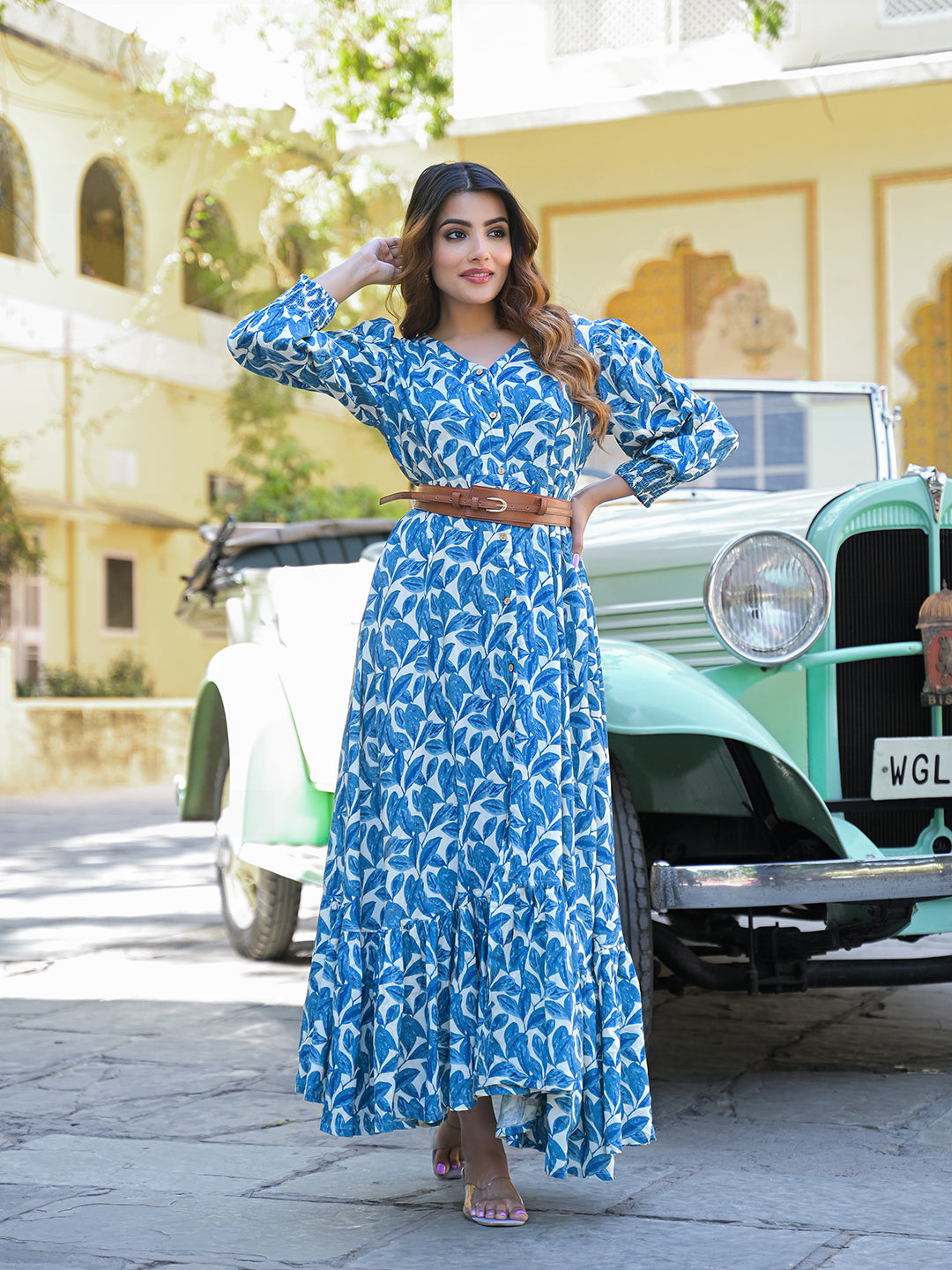 Divena Blue Floral Print Rayon Fabric Flared Long Dress