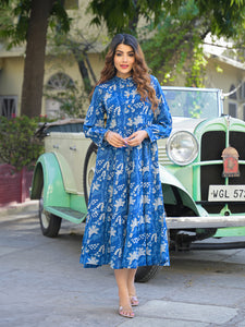 Divena Blue Floral Print Cotton Fabric Flared Dress