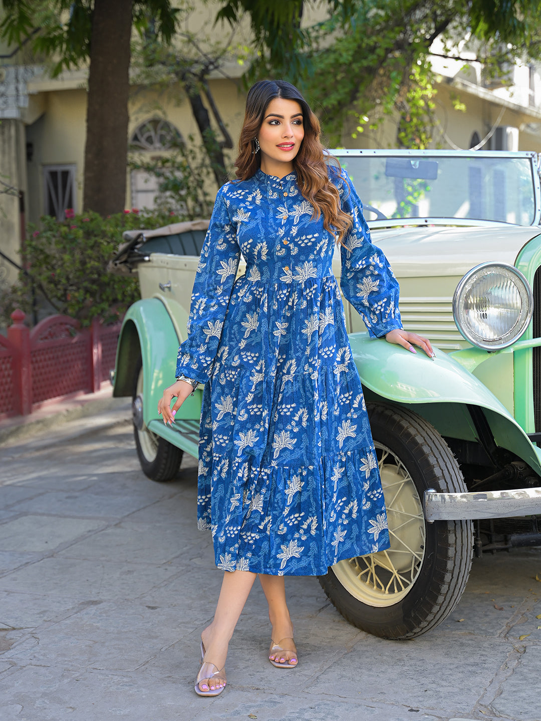 Divena Blue Floral Print Cotton Fabric Flared Dress