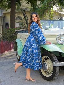 Divena Blue Floral Print Cotton Fabric Flared Dress