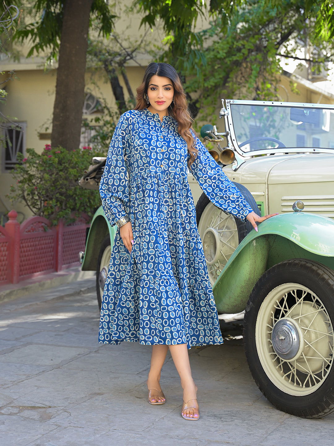 Blue Floral Print Cotton Fabric Fit Flared Dress — view 1