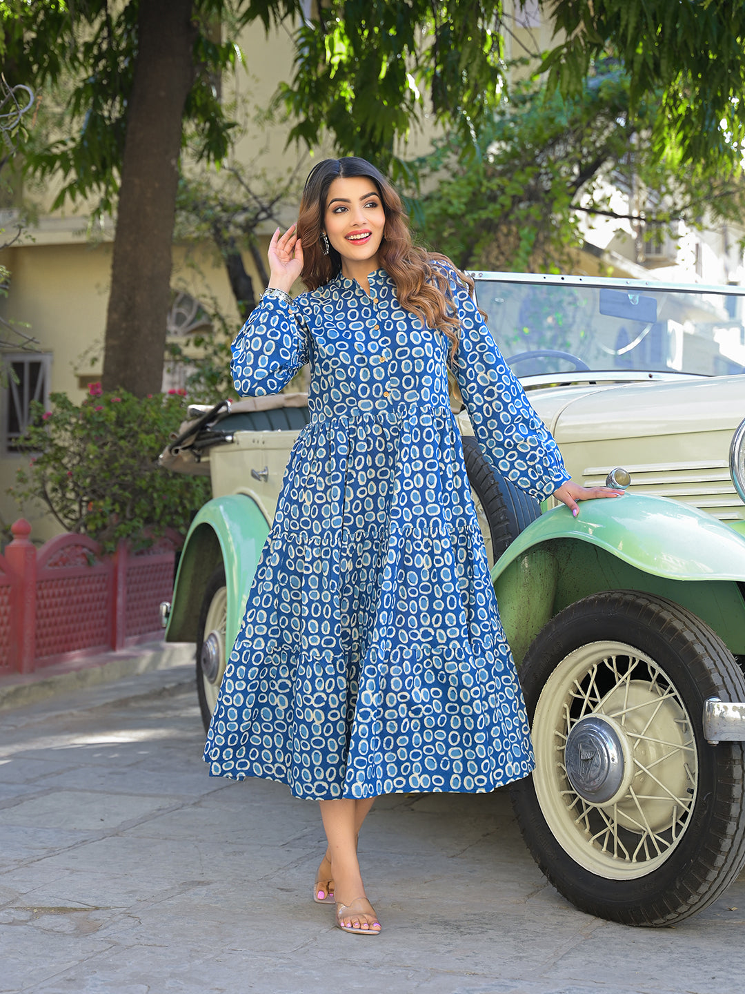 Divena Blue Floral Print Cotton Fabric Fit Flared Dress