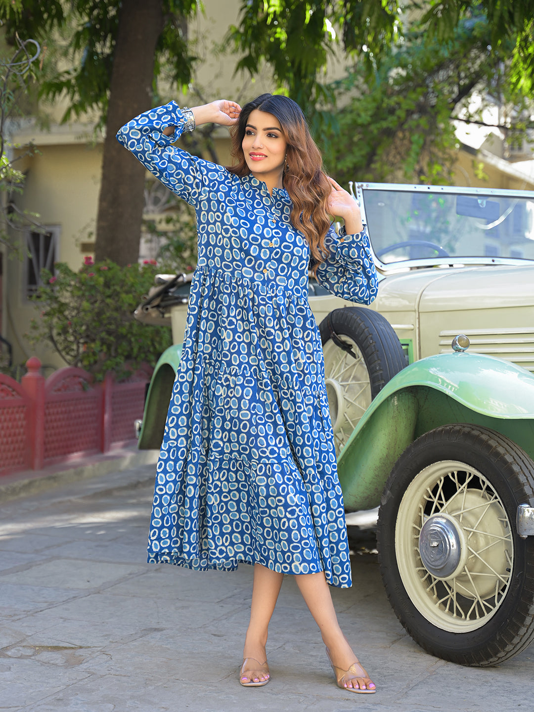 Divena Blue Floral Print Cotton Fabric Fit Flared Dress