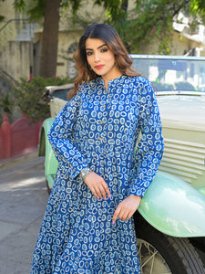 Divena Blue Floral Print Cotton Fabric Fit Flared Dress