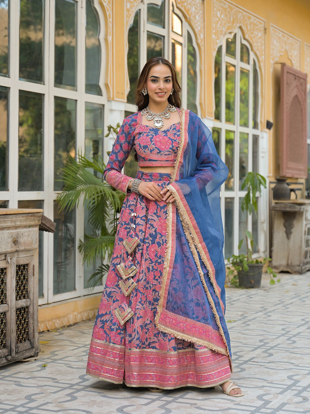 Blue Printed Cotton Lehenga with Choli and Dupatta — view 1