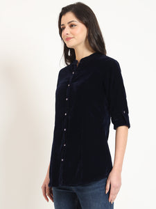 Divena Navy Blue Solid Print Velvet Top