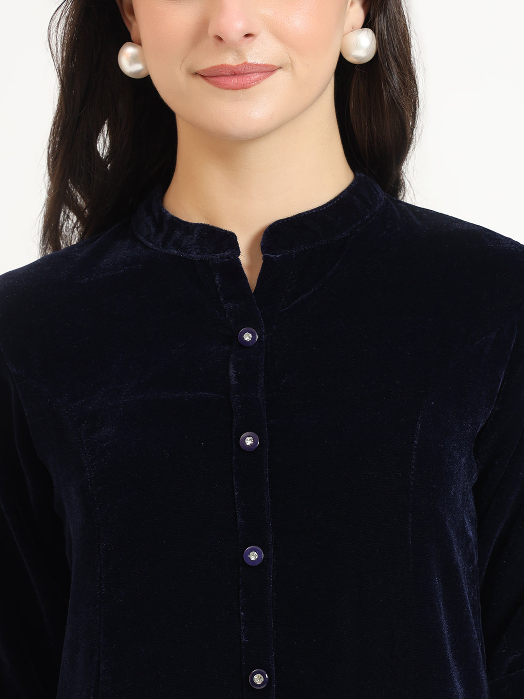 Divena Navy Blue Solid Print Velvet Top