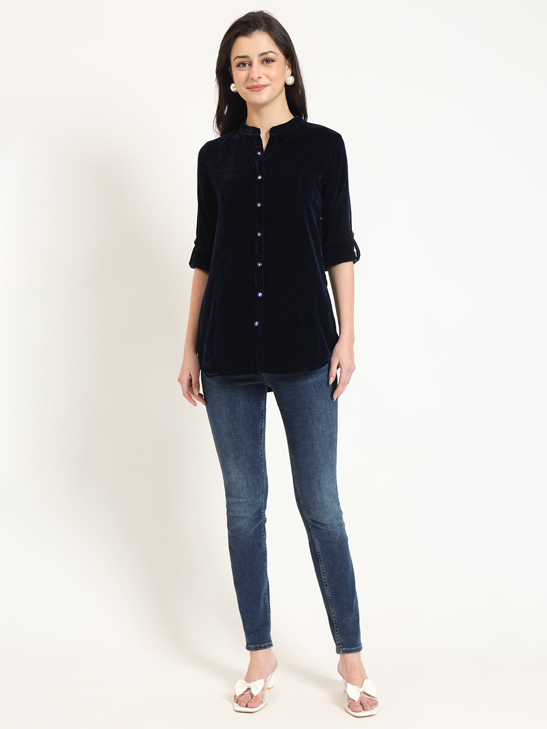 Divena Navy Blue Solid Print Velvet Top