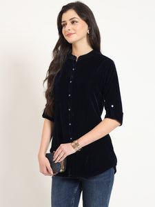 Divena Navy Blue Solid Print Velvet Top