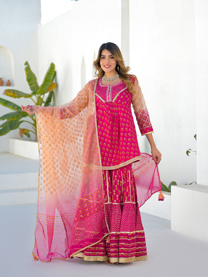 Divena Pink Muslin Round Neck Kurta Sharara Set with Organza Dupatta