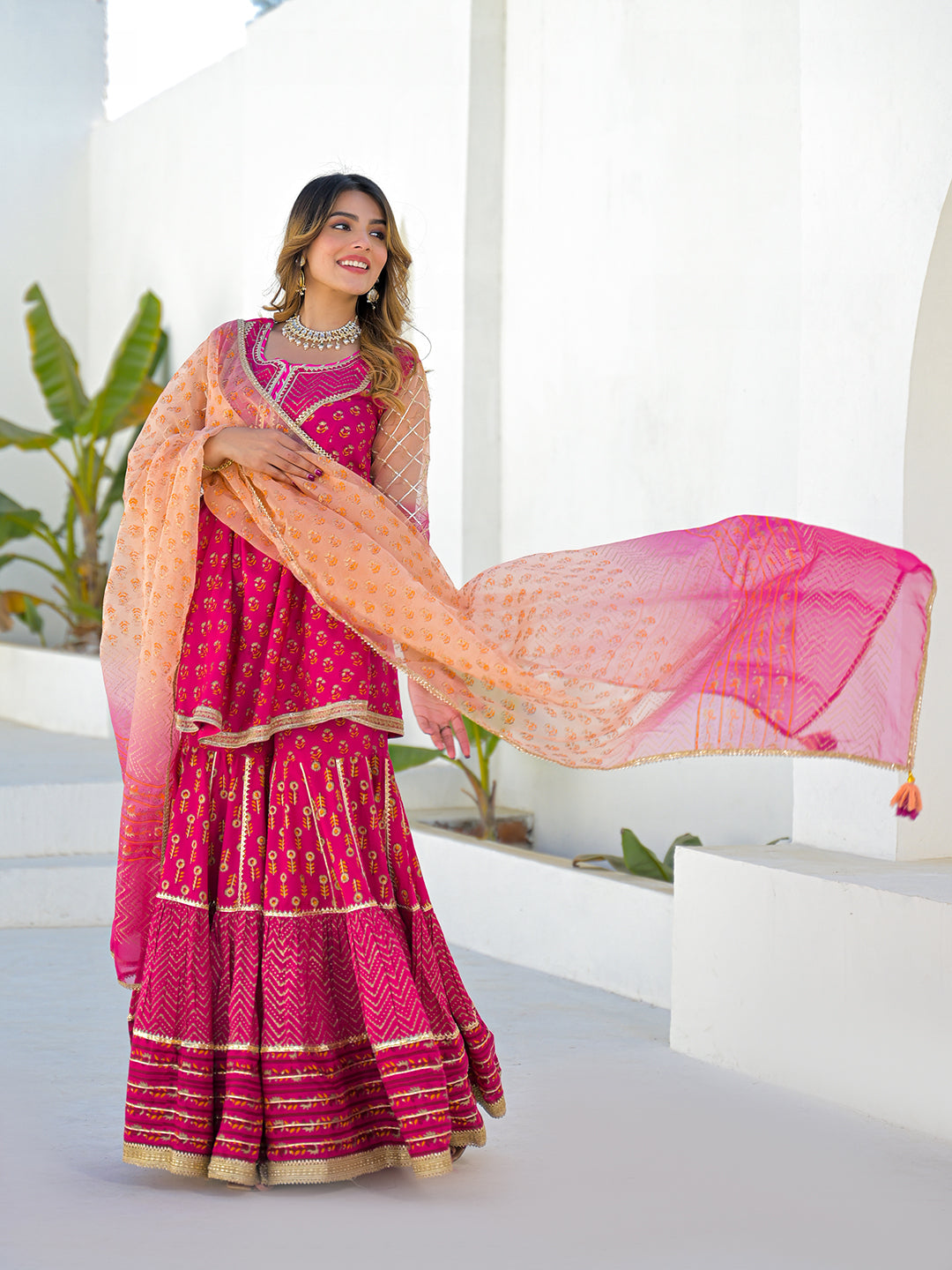 Divena Pink Muslin Round Neck Kurta Sharara Set with Organza Dupatta