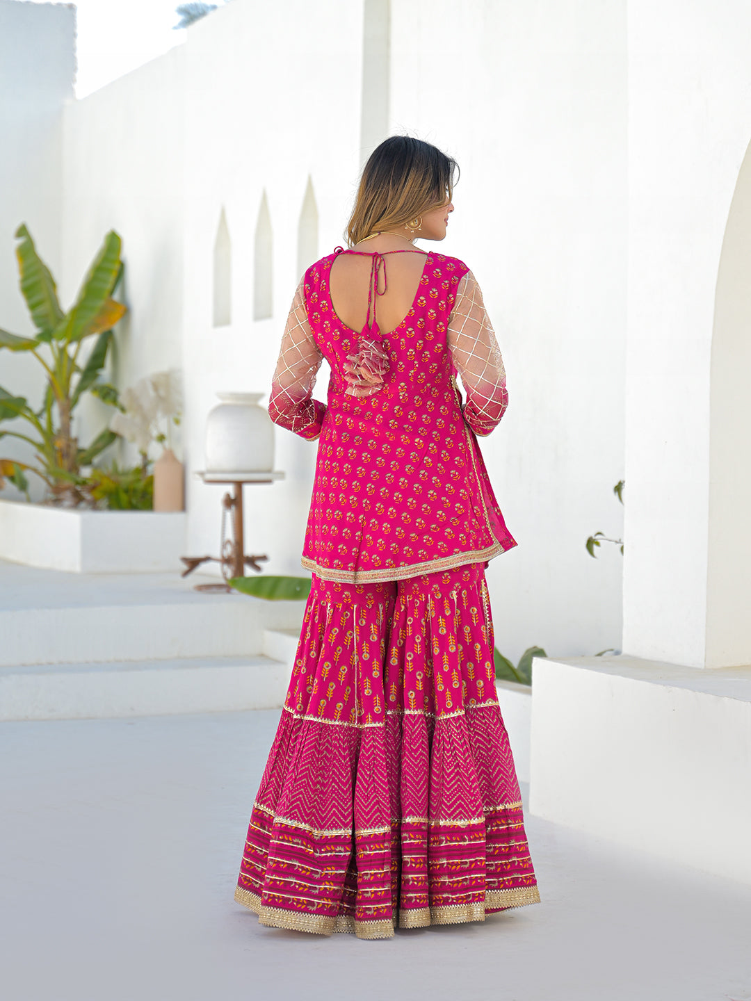 Divena Pink Muslin Round Neck Kurta Sharara Set with Organza Dupatta