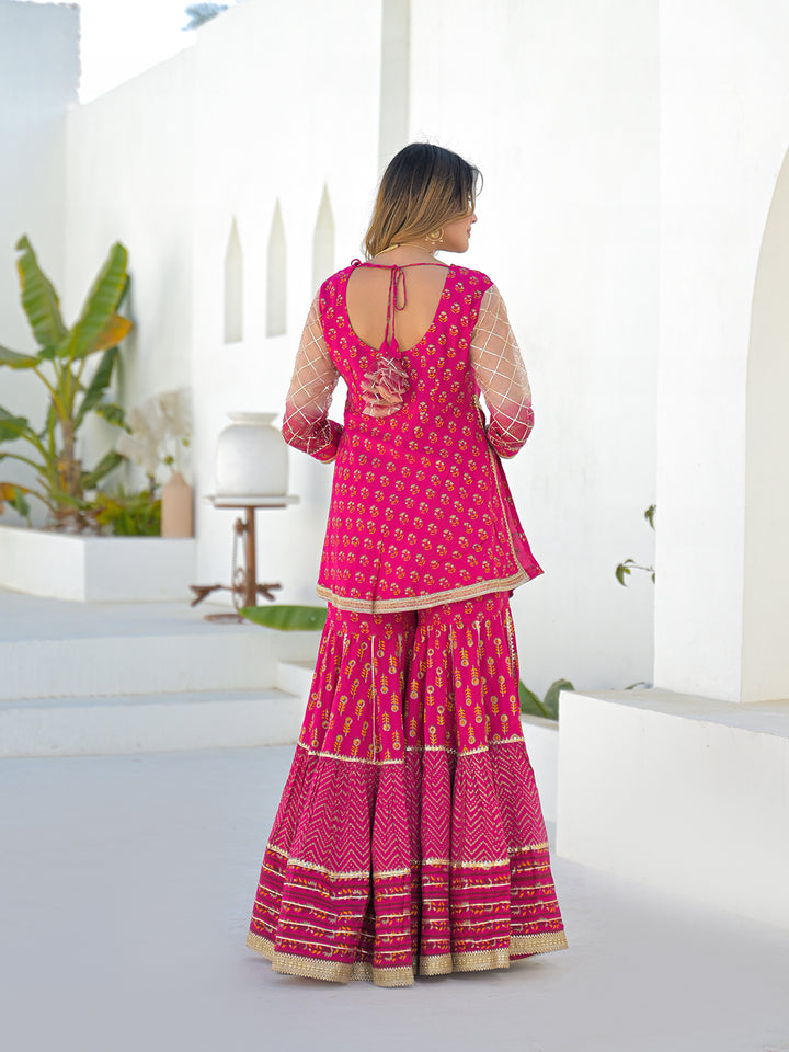 Divena Pink Muslin Round Neck Kurta Sharara Set with Organza Dupatta