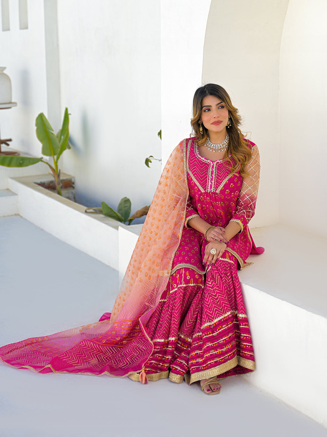 Divena Pink Muslin Round Neck Kurta Sharara Set with Organza Dupatta