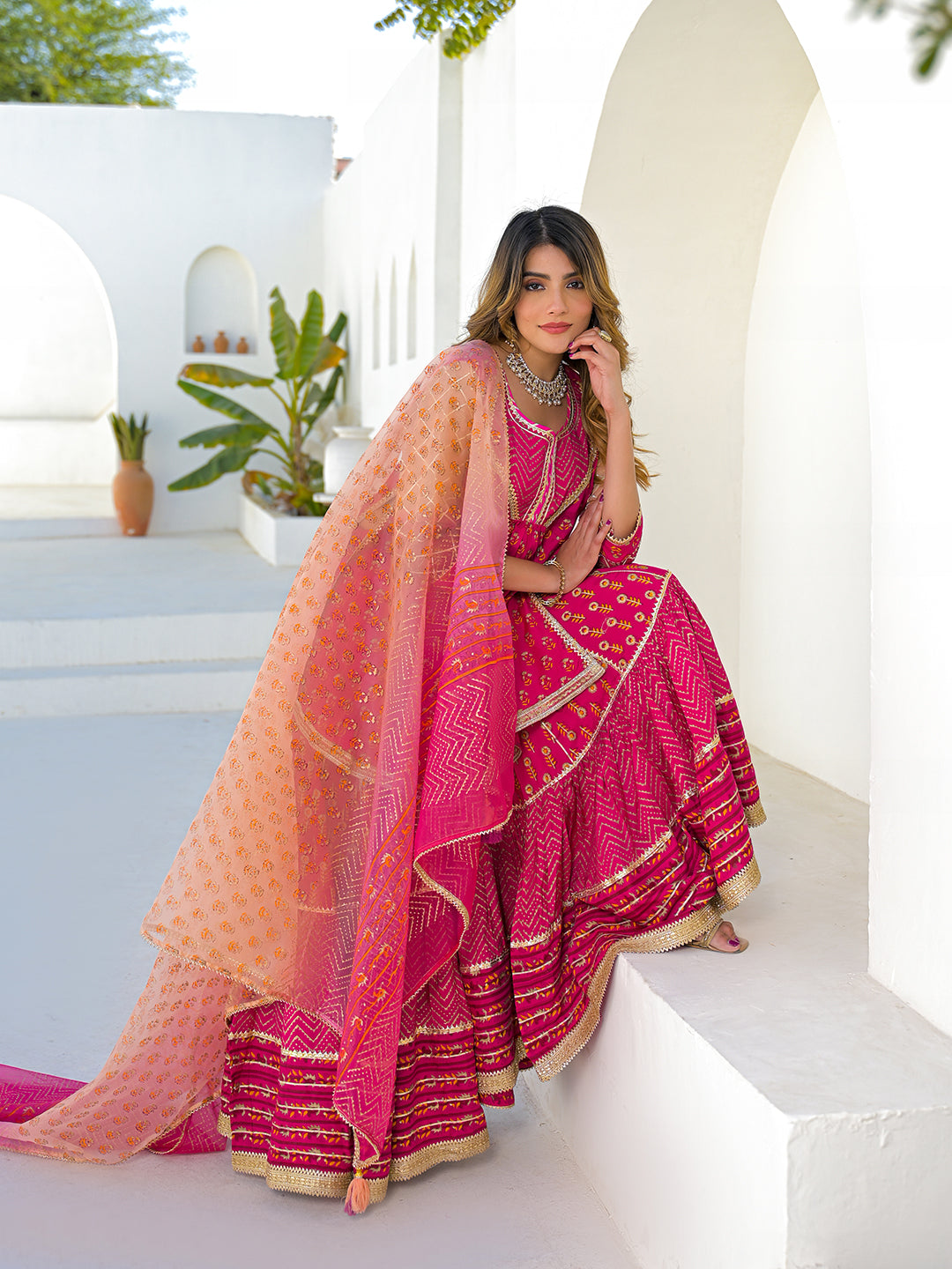Divena Pink Muslin Round Neck Kurta Sharara Set with Organza Dupatta