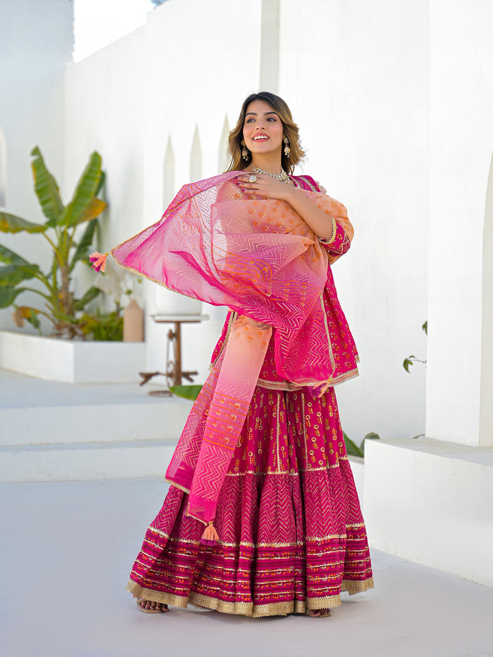 Divena Pink Muslin Round Neck Kurta Sharara Set with Organza Dupatta