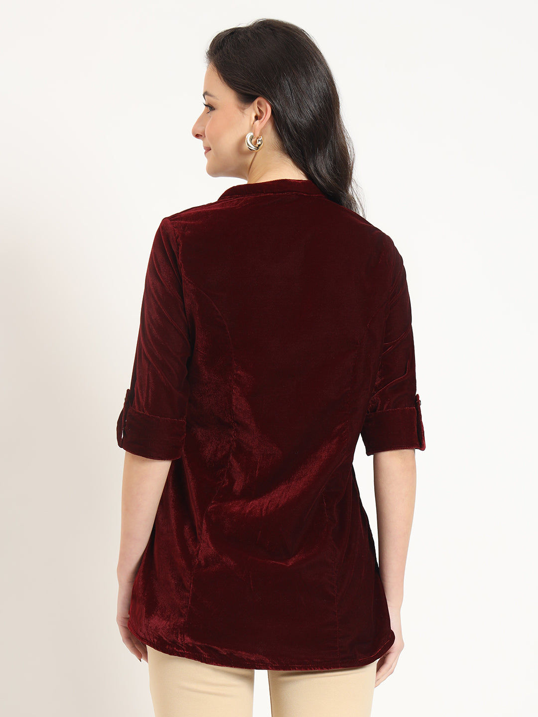 Divena Maroon Solid Print Velvet Straight Top