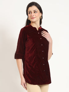 Divena Maroon Solid Print Velvet Straight Top