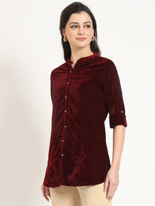 Divena Maroon Solid Print Velvet Straight Top